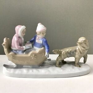 Vintage Sleigh Ride Porcelain Figurine Winter Dog Kids Paul Sebastian By Meico